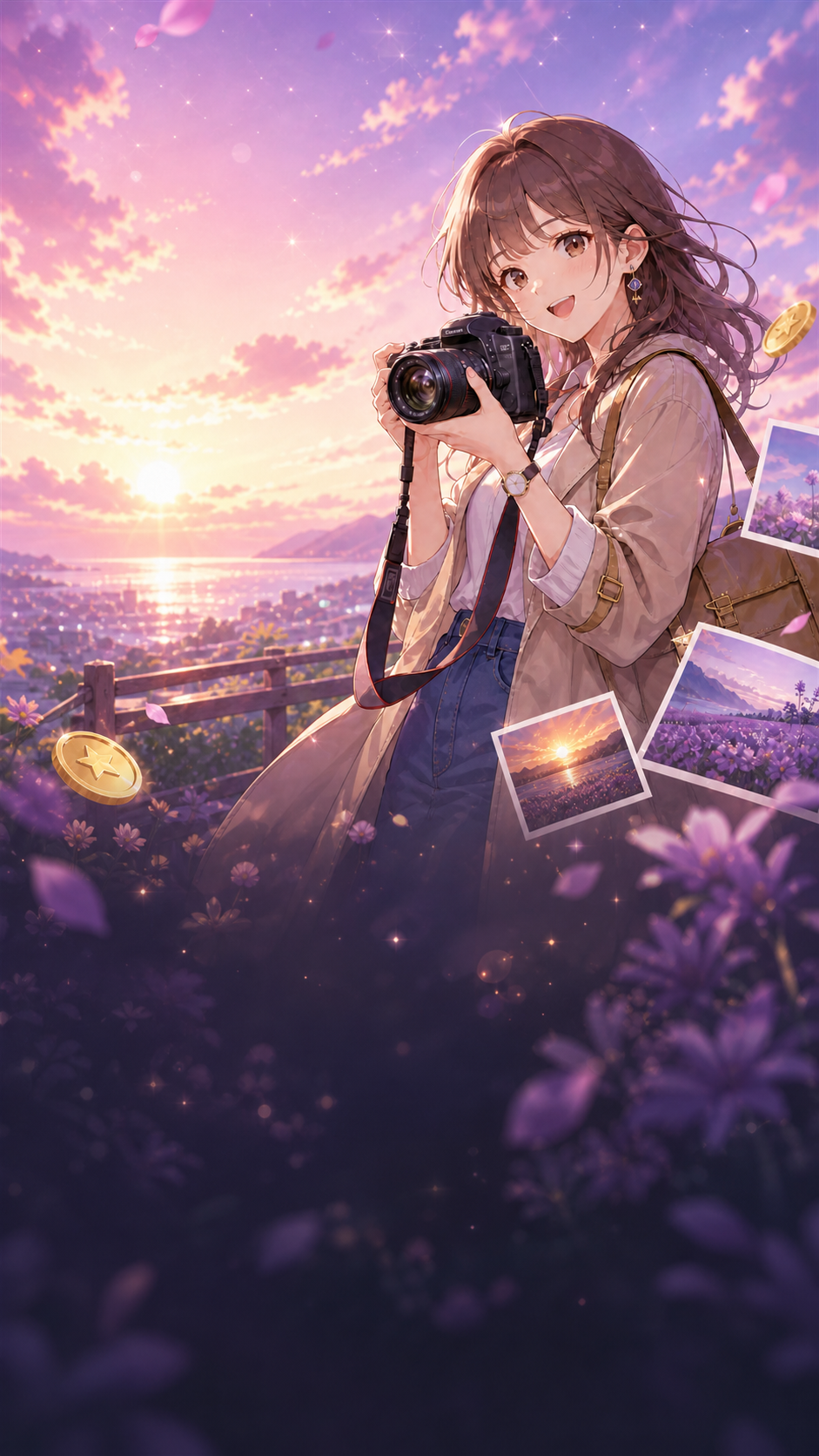 摄影师在落日花海中拍摄